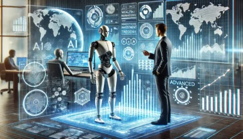 Ein futuristischer KI-gestützter Finanzberater, der mit einem Anleger interagiert, umgeben von holografischen Marktdaten und Analysen zur Vermögensverwaltung.