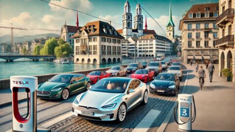 Eine belebte Szene am Zürcher Flussufer mit zahlreichen Luxusautos - darunter Teslas, Ferraris und deutsche Limousinen - inmitten historischer Schweizer Architektur.