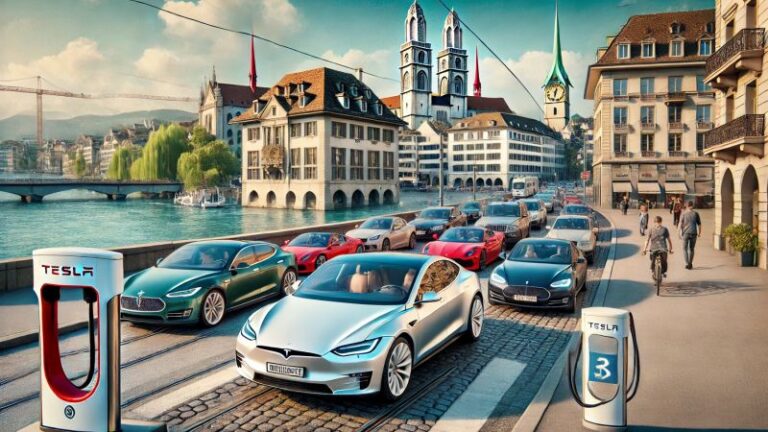 Eine belebte Szene am Zürcher Flussufer mit zahlreichen Luxusautos - darunter Teslas, Ferraris und deutsche Limousinen - inmitten historischer Schweizer Architektur.
