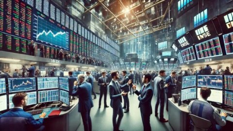 Ein belebtes Börsenparkett mit Anlageexperten, die mehrere Bildschirme analysieren, Strategien diskutieren und Finanzdaten überwachen.