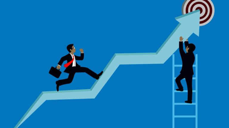 An illustration of two businessmen climbing a rising arrow graph, symbolising endless economic growth, business success, and market expansion.