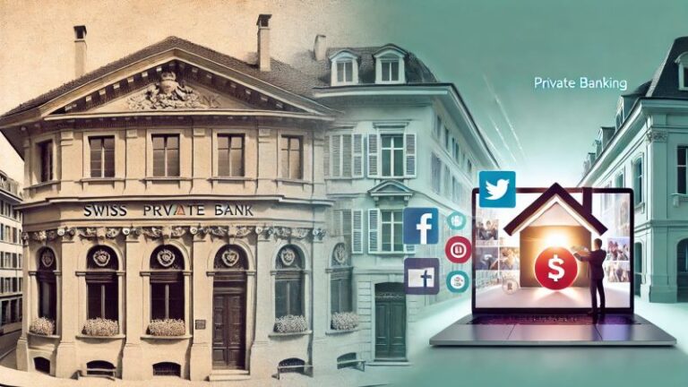 A digital transition of Swiss private banking, showing a historic bank on the left blending into a modern online financial world.
