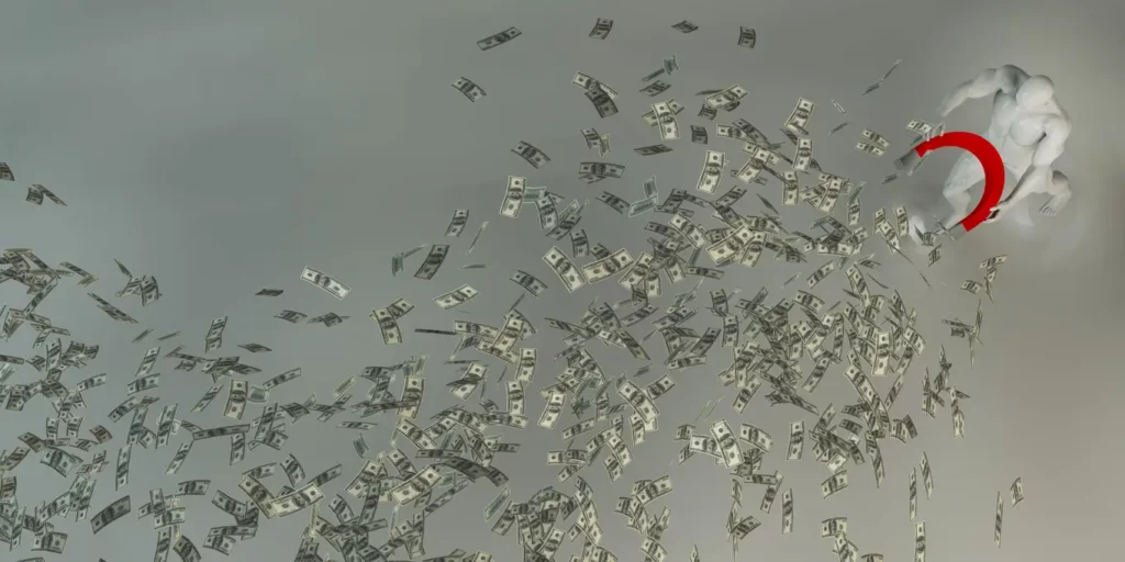 A surreal image of a white, muscular statue-like figure holding a red magnet, attracting a whirlwind of floating US dollar bills against a muted grey background.