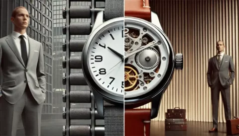 Symbolischer Vergleich von Private Banking und unabhängiger Vermögensverwaltung anhand zweier Uhren. Auf der einen Seite ist eine einfache Quarzuhr mit Metallarmband zu sehen, die für einen standardisierten Ansatz steht, während auf der anderen Seite eine mechanische Luxusuhr mit Lederarmband zu sehen ist, die eine individuelle Finanzstrategie symbolisiert.