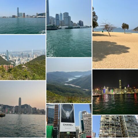 Collage von Hongkongs Skyline, Stränden, grünen Hügeln und Stadtleben, die die Vielfalt und Lebendigkeit von Asiens Weltstadt zeigt.