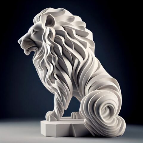 Abstrakte weiße Löwenskulptur als Symbol für Stärke, Eleganz und die sich entwickelnde Natur zukünftiger Finanzzentren.