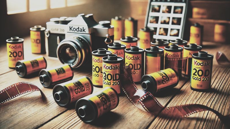 Eine alte Kodak-Kamera mit mehreren Kodak Gold 200-Filmrollen, die das Versagen von Kodak bei der Anpassung an die digitale Fotografie symbolisieren.