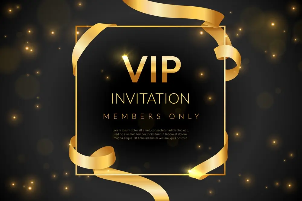 IP invitation concept with gold ribbons and luxury black background, symbolizing exclusivity in Swiss private banking and independent wealth management.