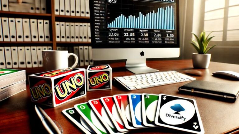 UNO-Karten auf einem Schreibtisch vor Bildschirmen mit Investitionskarten