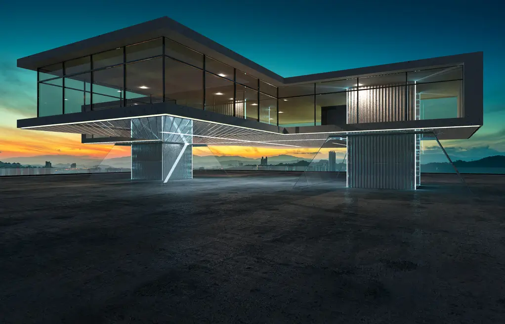Ein futuristisches gläsernes Büro, das die offene Architektur der Vermögensverwaltung symbolisiert, mit einer Panorama-Skyline der Stadt im Hintergrund.