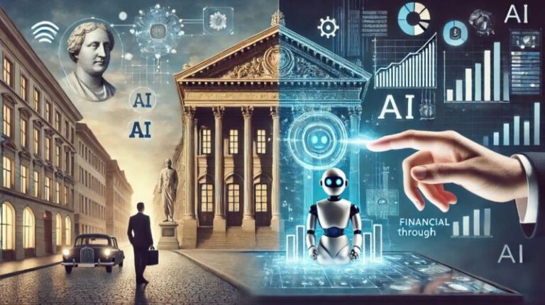 Geteiltes Bild, das die traditionelle Finanzwelt auf der einen Seite und die KI-gesteuerte digitale Finanzwelt auf der anderen Seite zeigt und die Entwicklung der Vermögensverwaltung verdeutlicht.