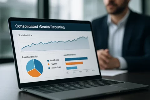 Laptop-Bildschirm mit konsolidierter Vermögensübersicht mit Diagrammen und Aufschlüsselung der Vermögensverteilung in einem professionellen Umfeld