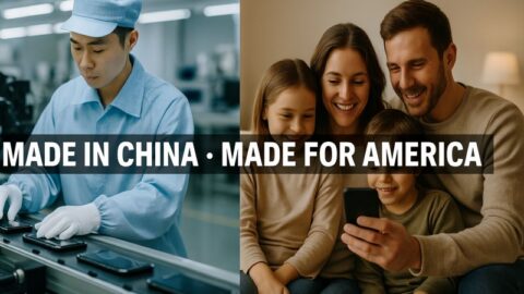 Geteiltes Bild: links ein chinesischer Fabrikarbeiter, der Smartphones zusammenbaut, und rechts eine lächelnde amerikanische Familie, die ein Telefon benutzt. Der überlagerte Text lautet "MADE IN CHINA - MADE FOR AMERICA".