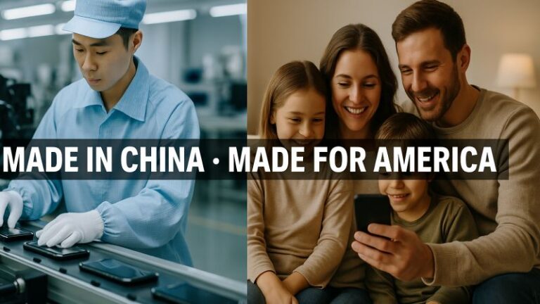 Geteiltes Bild: links ein chinesischer Fabrikarbeiter, der Smartphones zusammenbaut, und rechts eine lächelnde amerikanische Familie, die ein Telefon benutzt. Der überlagerte Text lautet „MADE IN CHINA - MADE FOR AMERICA“.