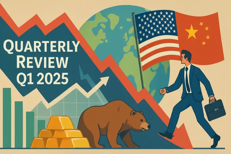 Quartalsrückblick Q1 2025 mit Illustrationen zu Handelsspannungen, Marktvolatilität, Gold und globalen wirtschaftlichen Verschiebungen mit dem Thema USA-China.