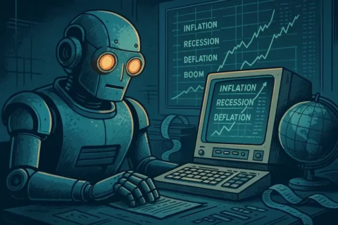 Retro-KI-Roboter, der die globale Wirtschaftslage auf einem alten Computer mit Finanzcharts und Laufschrift analysiert