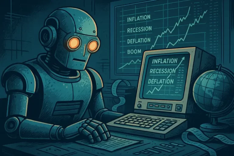 Retro-KI-Roboter, der die globale Wirtschaftslage auf einem alten Computer mit Finanzcharts und Laufschrift analysiert