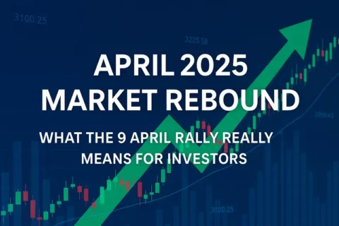 Chart-Hintergrund, der eine steigende Aktienmarktkurve mit einem fetten Aufwärtspfeil und dem Text "April 2025 Market Rebound" zeigt.