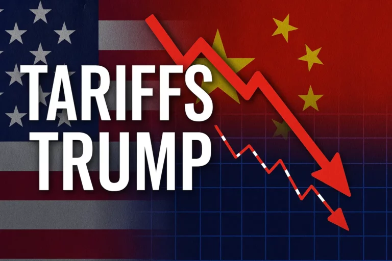 Illustration der Auswirkungen von Zöllen mit den Flaggen der USA und Chinas, einem fallenden roten Pfeil und dem Text „Tariffs Trump“ auf dem Hintergrund eines Finanzdiagramms.