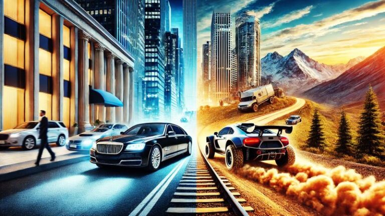 Luxury sedan and off-road supercars illustrate private banking versus independent wealth management.
