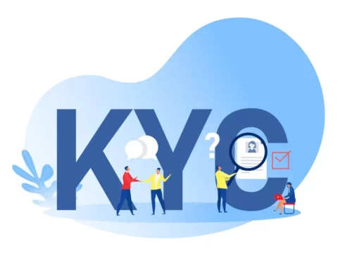 Illustration des KYC-Prozesses mit Personen, die Identitätsdokumente für die Einhaltung der Vorschriften und die Aufnahme von Kunden analysieren