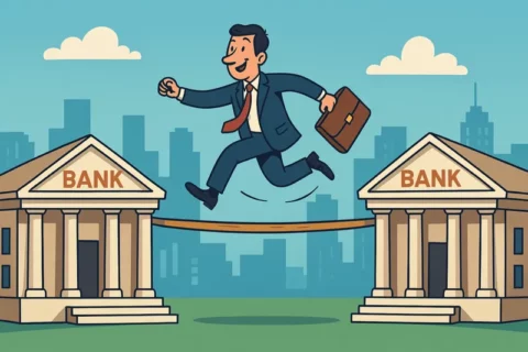 Ein Geschäftsmann im Anzug schreitet vorsichtig über Steine, die mit Banknamen wie UBS und Julius Bär beschriftet sind, über blaues Wasser.