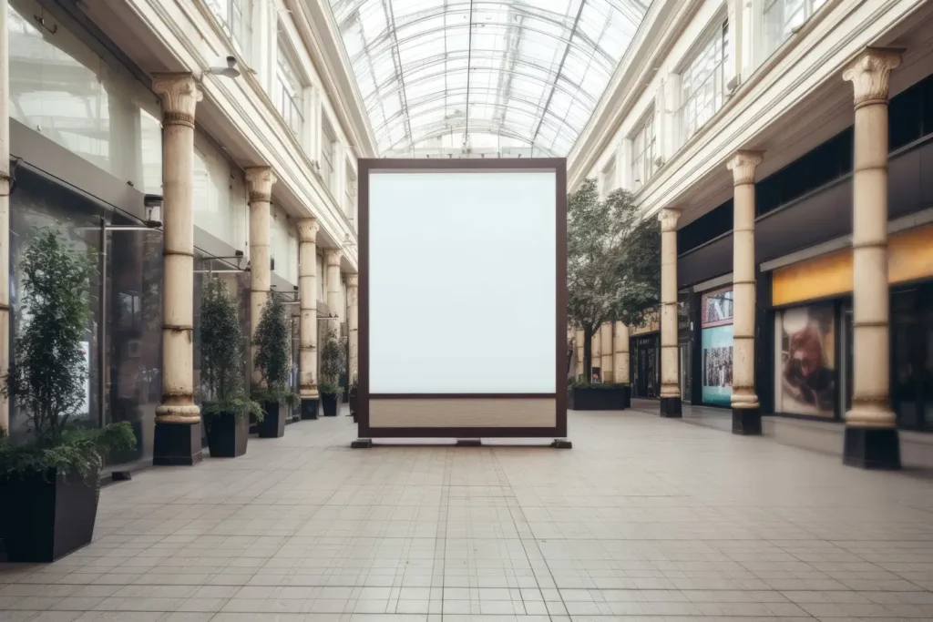 Blank billboard in a stylish financial arcade, symbolising premium media kit space for wealth management advertising.