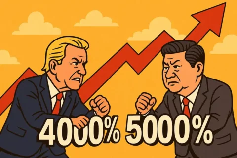 Illustration im Comic-Stil eines blonden amerikanischen Präsidenten und des chinesischen Präsidenten Xi Jinping, die sich mit geballten Fäusten gegenüberstehen. Hinter ihnen weisen fette rote Pfeile nach oben, auf denen in dramatischen Comic-Schriftzügen die Zahlen "4000%" und "5000%" stehen, die einen übertriebenen wirtschaftlichen Wettbewerb symbolisieren.