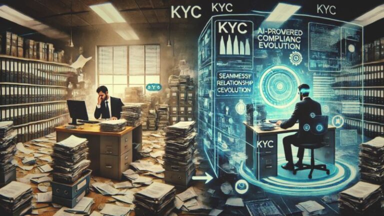 Split-Screen-Bild, das manuelle und KI-gesteuerte KYC-Compliance-Prozesse zeigt; links mit Papierchaos, rechts mit futuristischer KI-Schnittstelle.