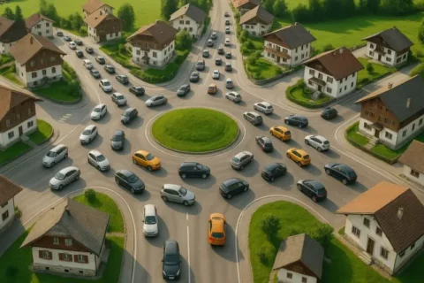Ein Kreisverkehr voller identischer Autos symbolisiert KI-gesteuerte Vermögensverwaltungsstrategien mit begrenzter Differenzierung.
