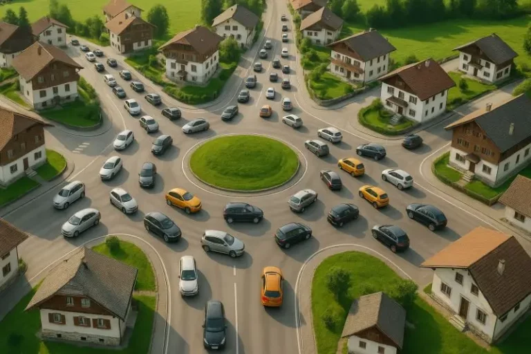 Ein Kreisverkehr voller identischer Autos symbolisiert KI-gesteuerte Vermögensverwaltungsstrategien mit begrenzter Differenzierung.