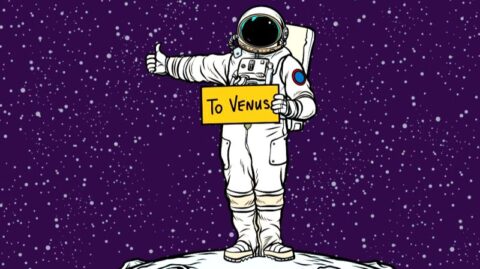 Cartoon-Astronaut mit einem "To Venus"-Schild als Symbol für Kundenbetreuer, die neue Grenzen in der Vermögensverwaltung erkunden