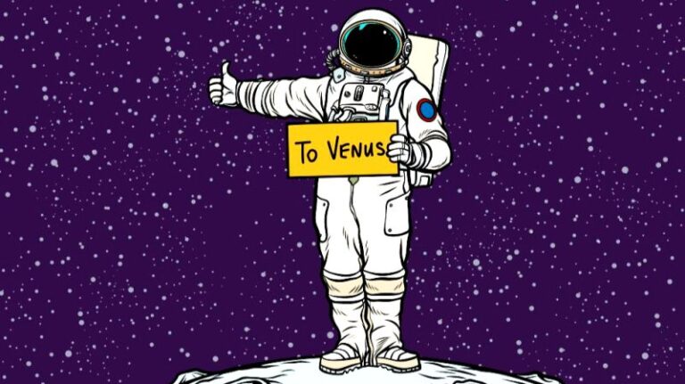 Cartoon astronaut holding a “To Venus” sign symbolising relationship managers exploring new wealth management frontiers