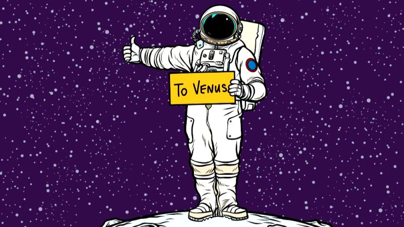 Cartoon-Astronaut mit einem "To Venus"-Schild als Symbol für Kundenbetreuer, die neue Grenzen in der Vermögensverwaltung erkunden