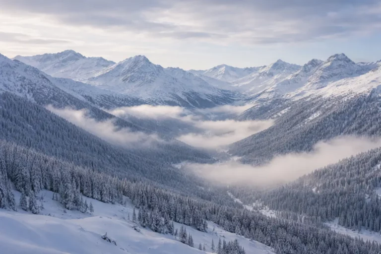 Snow-covered Alpine mountains above the clouds near Davos