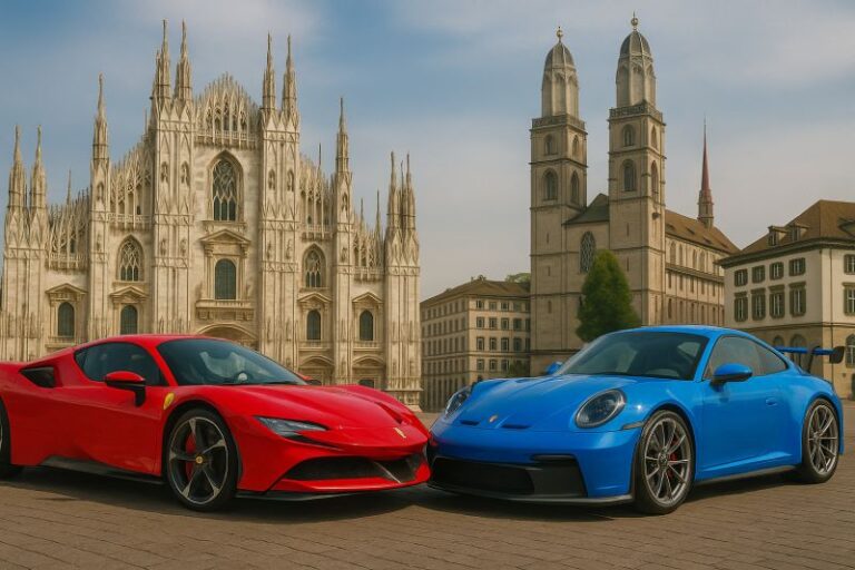 Roter Ferrari vor dem Mailänder Dom und blauer Porsche vor dem Zürcher Grossmünster symbolisieren Reichtum und Mentalität