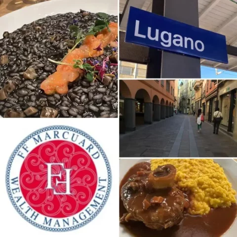 Eine visuelle Collage, die die Altstadt von Lugano, feine Restaurants, das Logo von FF Marcuard Wealth Management und die Kultur des Private Banking zeigt.