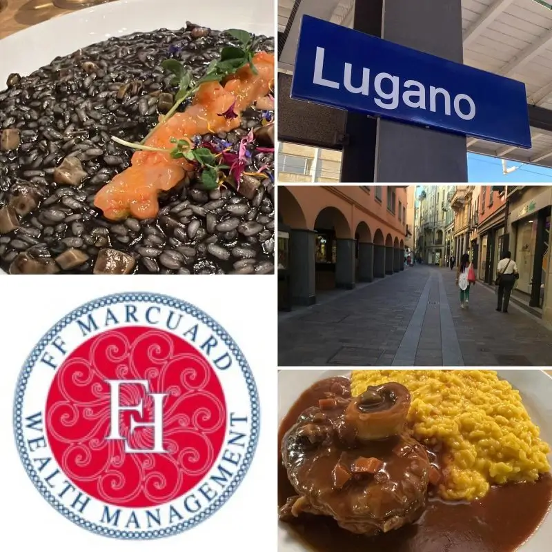 Eine visuelle Collage, die die Altstadt von Lugano, feine Restaurants, das Logo von FF Marcuard Wealth Management und die Kultur des Private Banking zeigt.