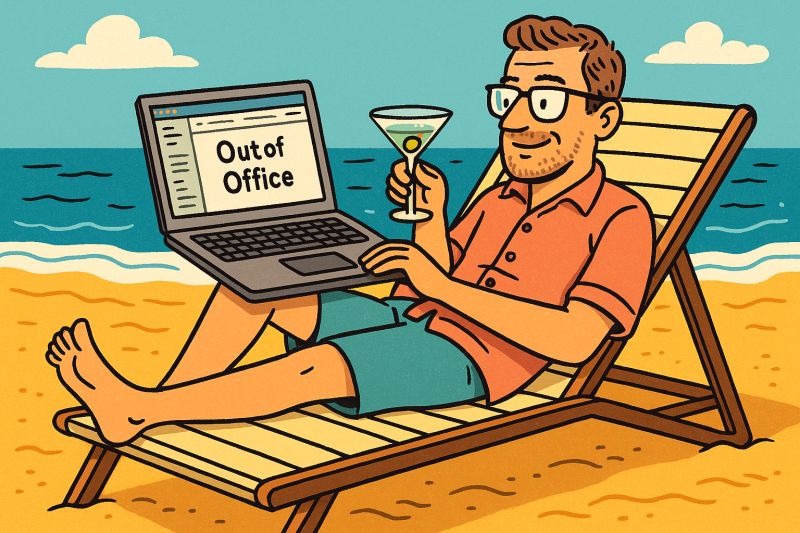 Cartoon-Mann am Strand mit geöffnetem Laptop und "Abwesenheits"-E-Mail - Sommermoment der Vermögensverwaltung