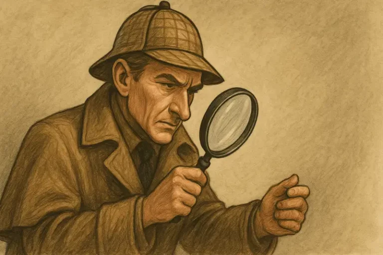 Sherlock Holmes–style detective examining a blank document with a magnifying glass — symbolising a search for hidden investment fees.