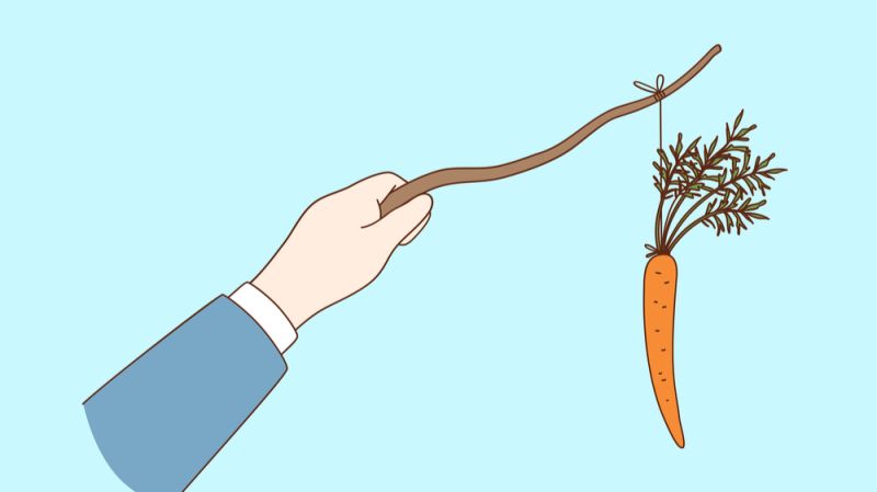 Illustration of a hand holding a carrot on a stick, symbolising RM motivation in private banking leadership