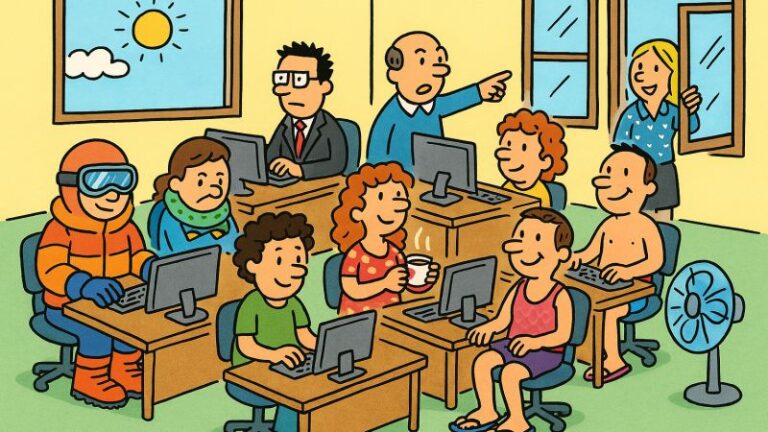 Cartoon-Büro mit jahreszeitlich unterschiedlich gekleideten Mitarbeitern, die das Temperaturchaos in einer Zürcher Vermögensverwaltungsfirma illustrieren