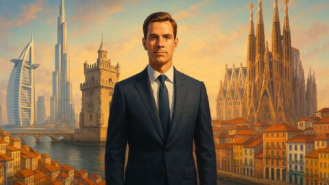 Ein gut gekleideter Berater steht selbstbewusst vor den ikonischen Kulissen von Dubai, Lissabon und Barcelona - ideal für Private Banking