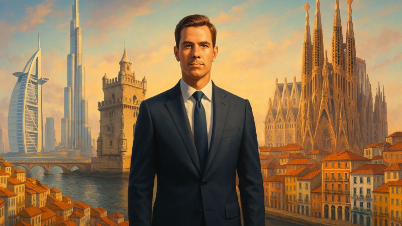 Ein gut gekleideter Berater steht selbstbewusst vor den ikonischen Kulissen von Dubai, Lissabon und Barcelona - ideal für Private Banking