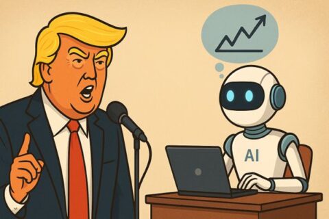 Trump speaking with AI robot analysing market data