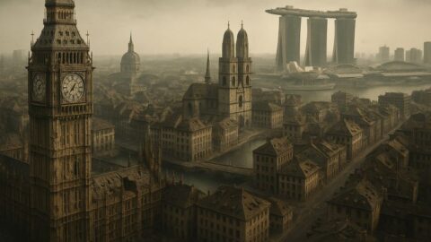 Zusammengesetzte Stadtlandschaft als Symbol für die globale Vermögensverlagerung von den traditionellen zu den neuen Finanzzentren