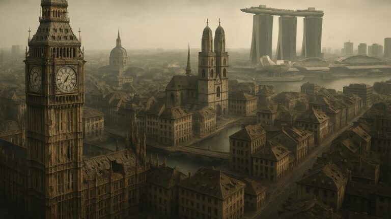Composite cityscape symbolising global wealth migration from traditional to frontier financial centres