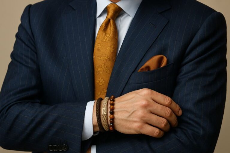 Close-up of a luxury bracelet worn with a tailored suit, symbolising personal identity in wealth management