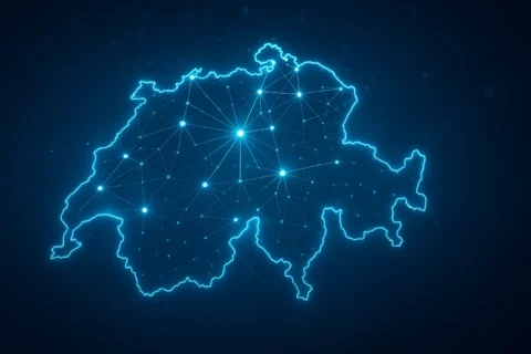 Digital vernetzte Karte der Schweiz mit leuchtenden Knotenpunkten, die die landesweite Zahlungsinfrastruktur darstellen.