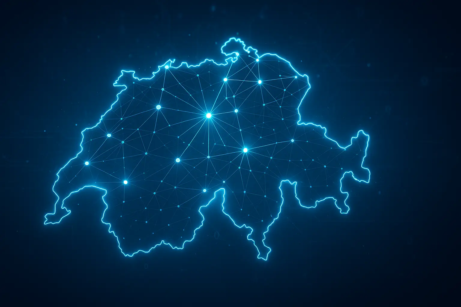 Digital vernetzte Karte der Schweiz mit leuchtenden Knotenpunkten, die die landesweite Zahlungsinfrastruktur darstellen.